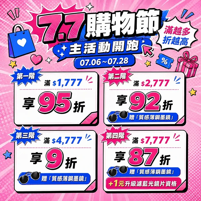 7.7購物節隱眼優惠｜滿額最高享87折，再送質感墨鏡與濾藍光升級資格 👉立即前往領券享優惠